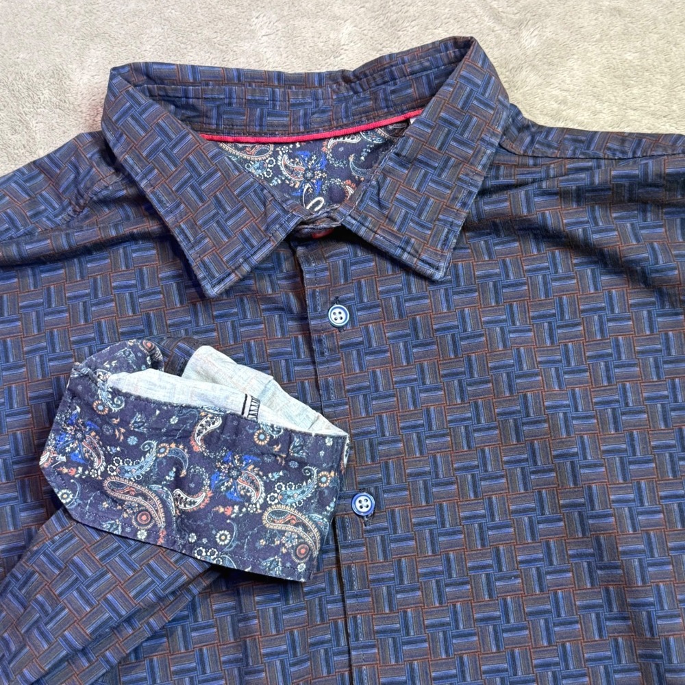 Robert Graham Button Down Shirt Mens XL Blue Basketweave Paisley Classic Fit